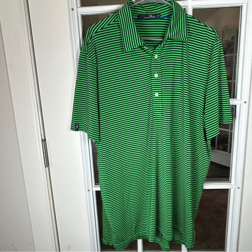 RLX Ralph Lauren Navy and Green Striped Polo Shirt Size XL